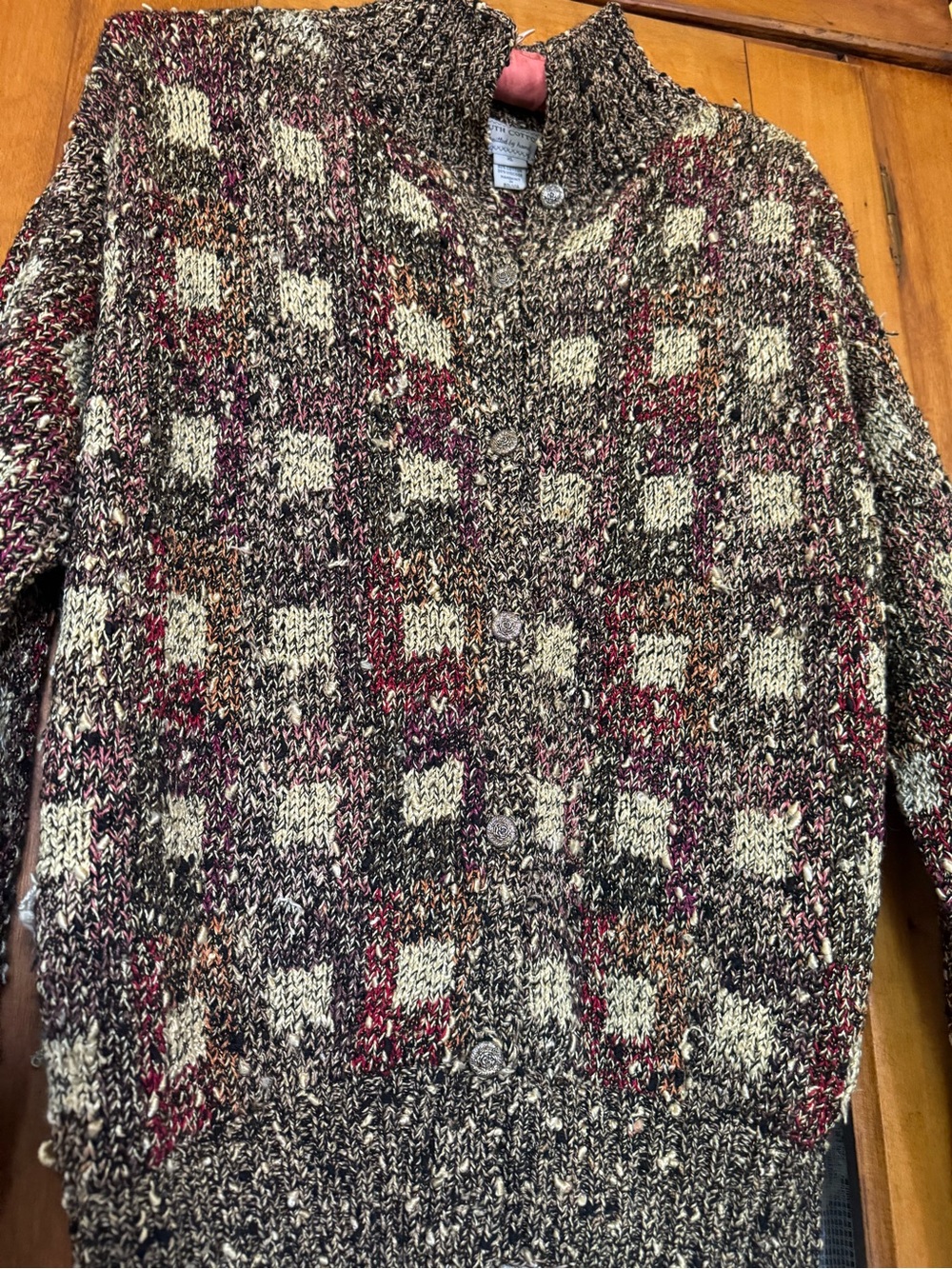 Multicolor Knit Button-Up Cardigan Sweater - Cream, Brown & Burgundy Accents